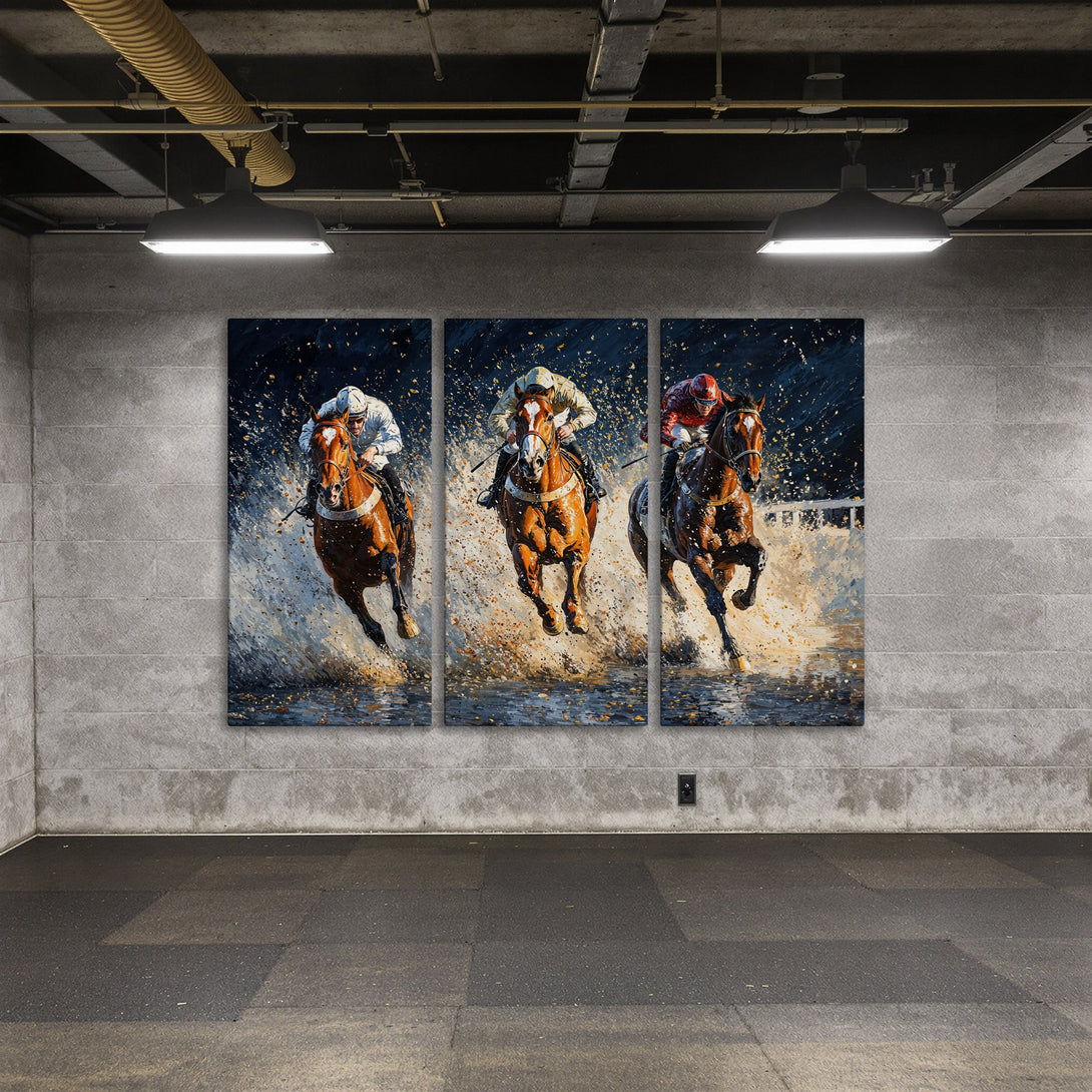 Canvas Print of horse racing art, featuring jockeys and horses in action. Dramatic, painterly style with rich blues, browns, and whites. Perfect wall decor!