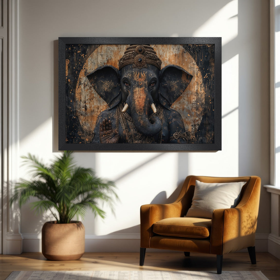Framed Poster featuring a detailed Ganesha artwork in a rustic style with a black, gold, and brown color palette, perfect for home decor.