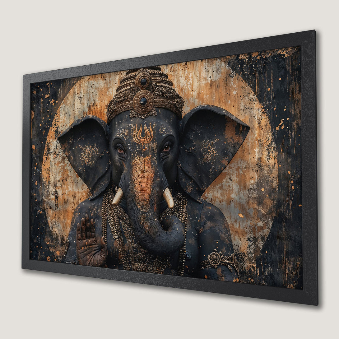 Framed Poster featuring Ganesha art in a grunge style with a black, gold, and brown color palette. A stunning piece for your home!