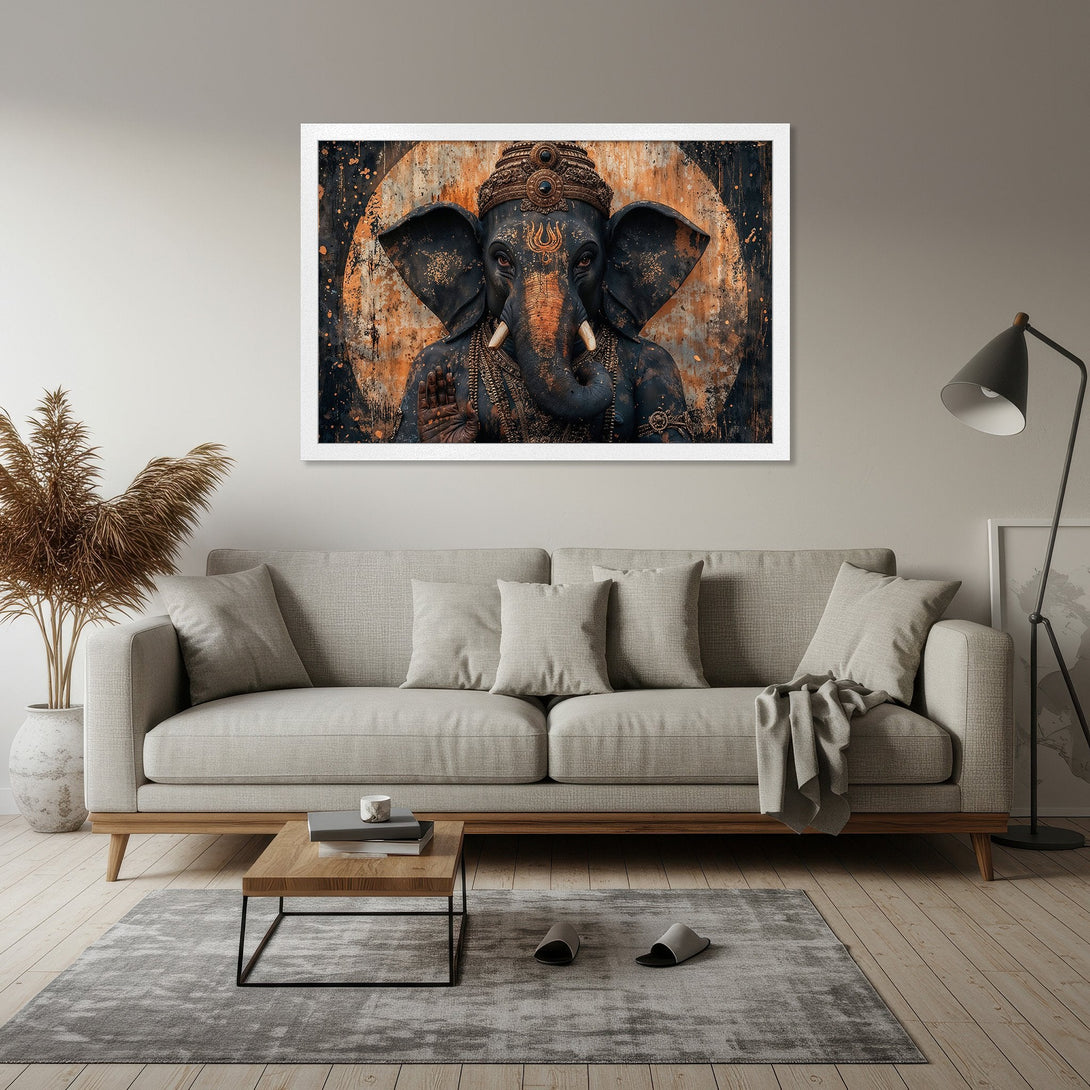 Framed Poster featuring a detailed Ganesha artwork in a striking black, orange, and gold color palette, perfect for adding a touch of spirituality to your home.