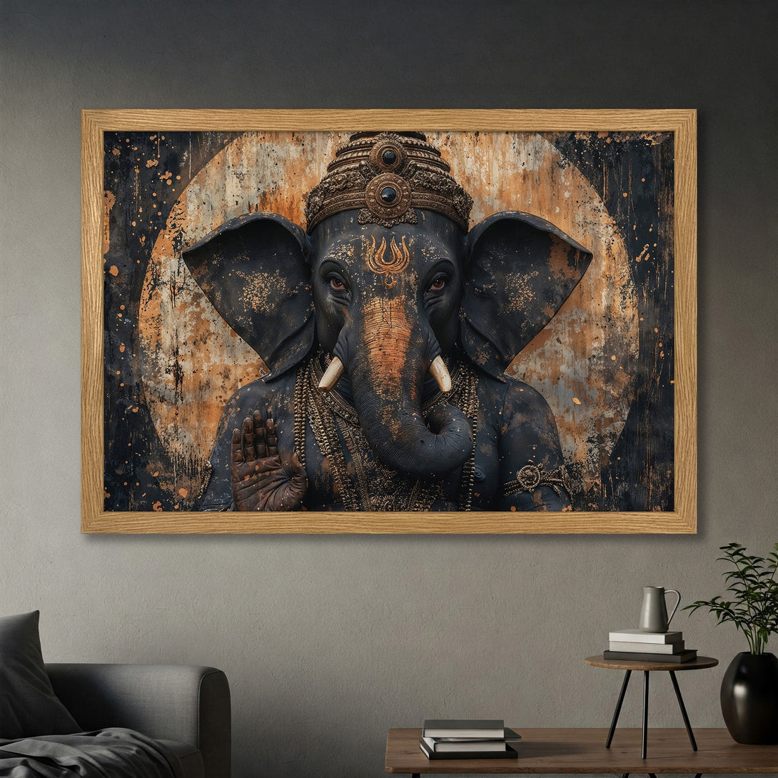 Framed Poster of Ganesha in a grunge style with dark blues, blacks, and gold accents. Perfect for spiritual decor.