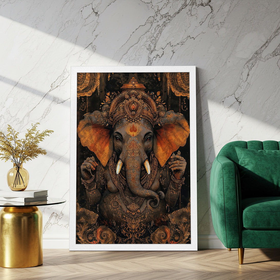 Framed Poster featuring an ornate Ganesh illustration in a warm, gold and brown color palette. Perfect wall art!