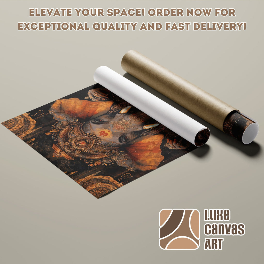 Poster Roll featuring an elephant art print in a dark, warm color palette.