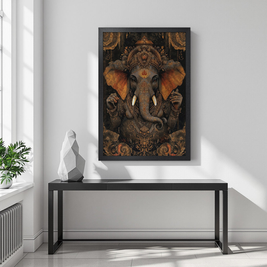 Framed Poster featuring an ornate elephant illustration in a dark, gold, and brown color palette. Perfect wall art!