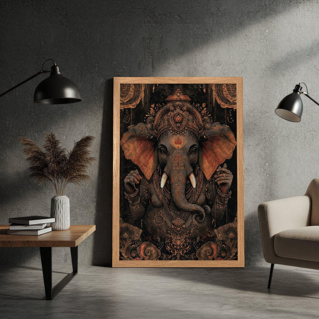 Framed Poster featuring a detailed illustration of Ganesha in a warm, earthy color palette. Perfect wall art for a touch of culture.