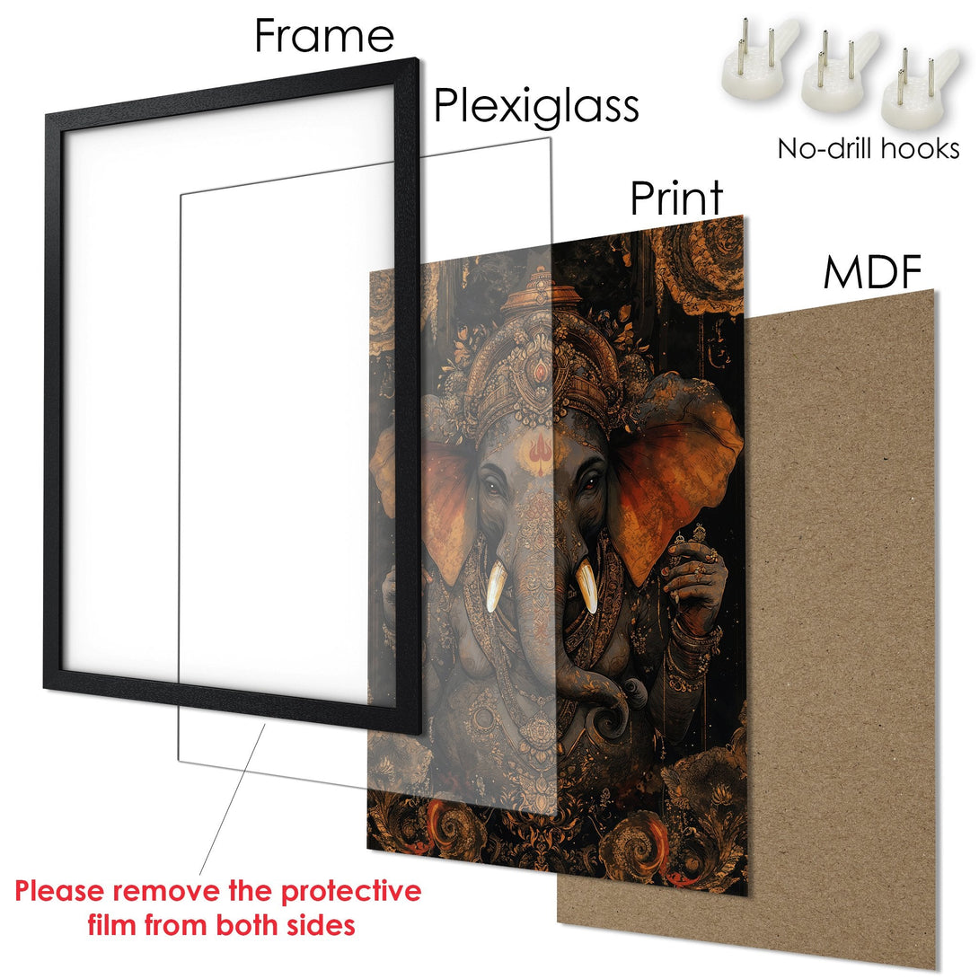 Framed Poster featuring an ornate elephant illustration in a warm, gold and black color palette. Perfect wall art!
