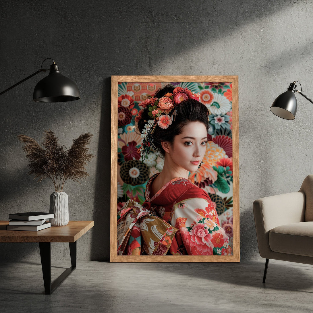 Framed Poster of a geisha in a kimono, vibrant floral background. Rich red, pink, and gold color palette. Add a touch of elegance to your space!