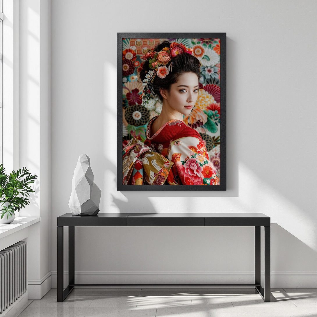 Framed Poster featuring a geisha in a vibrant kimono, floral background. Japanese art style with a colorful palette of red, orange, and pink.
