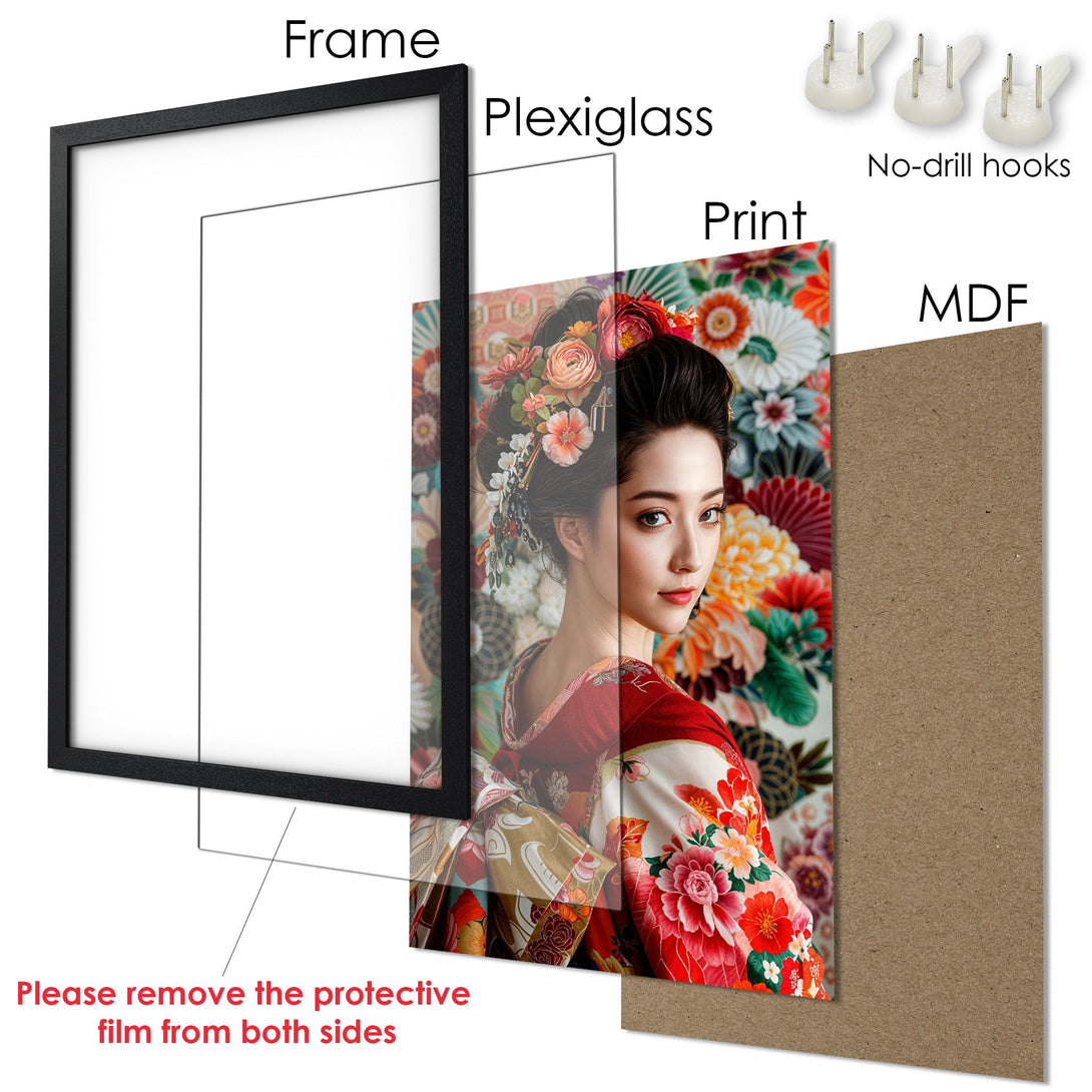 Framed Poster featuring a woman in a floral kimono, vibrant colors. Perfect wall art for any space.
