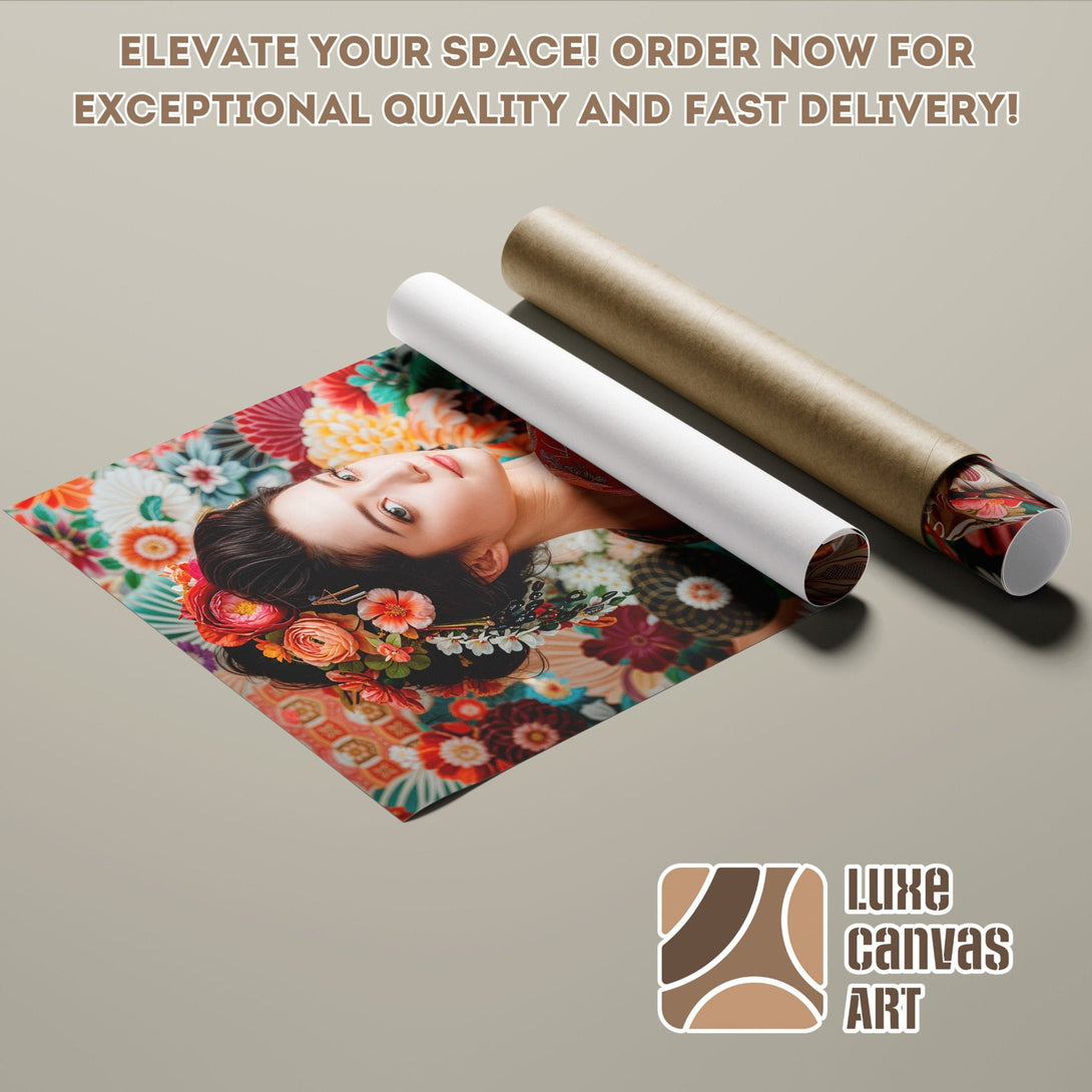 Poster Roll featuring a woman with floral headpiece. Vibrant colors, artistic style. Order your art today!