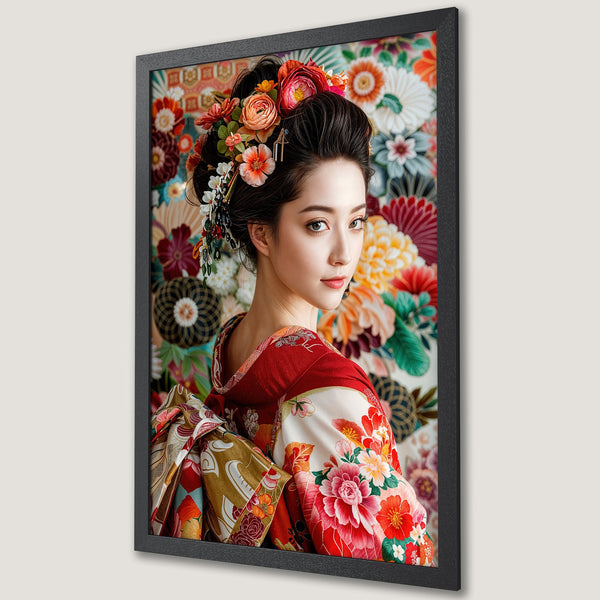 Framed Poster of a geisha in a vibrant floral kimono. Features a colorful, traditional Japanese style with a red, floral color palette.