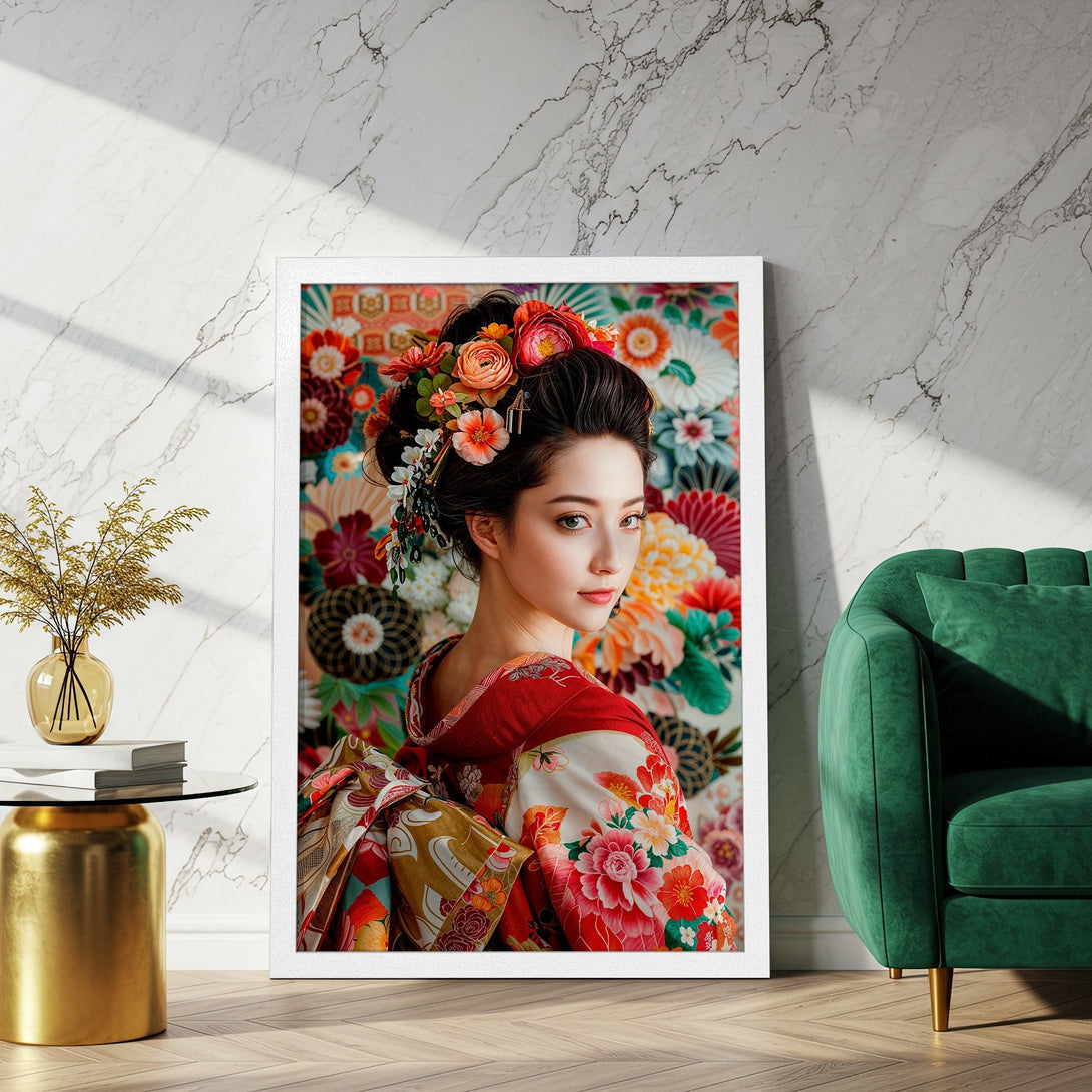 Framed Poster featuring a geisha in a colorful floral kimono. Art print with vibrant red, orange, and green hues. Perfect for home decor.