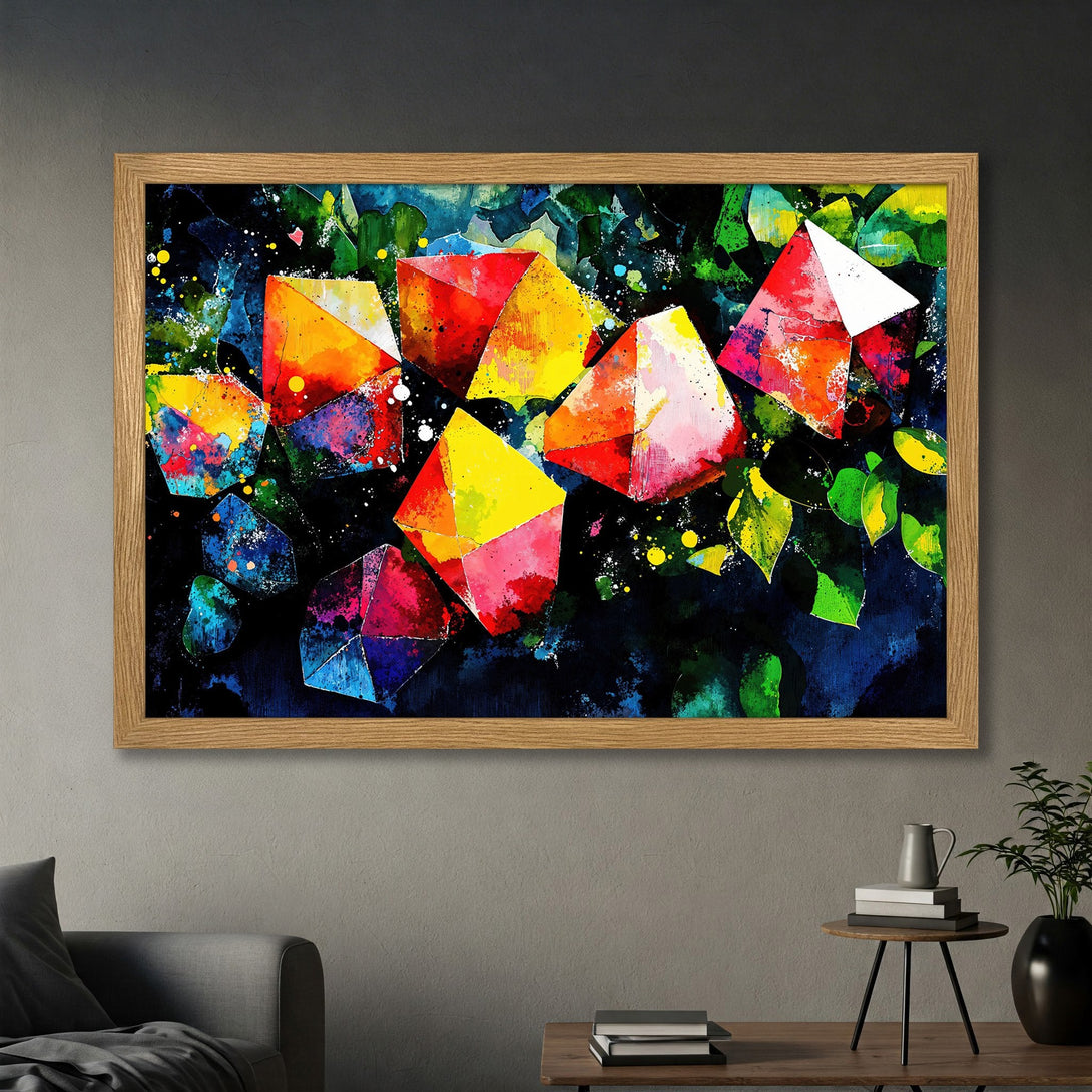 Framed Poster featuring abstract geometric art with vibrant colors: red, yellow, blue, and green. Perfect modern decor for your home!