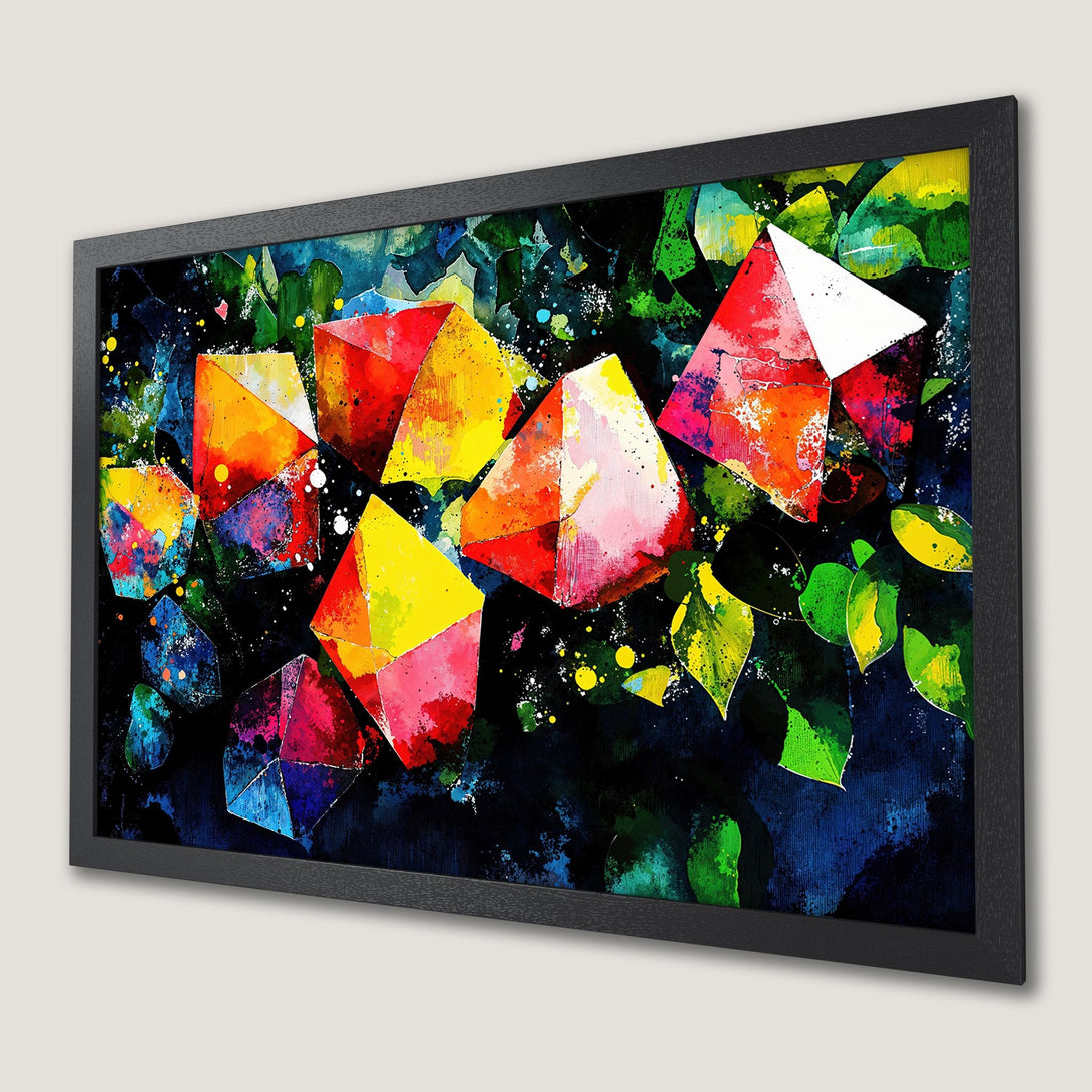 Framed Poster featuring abstract geometric art with vibrant colors: red, yellow, blue, and green. Modern style, perfect wall decor.