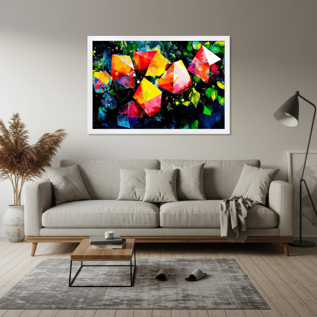 Framed Poster featuring abstract geometric art with vibrant red, yellow, and blue hues. Modern style, perfect for home decor.