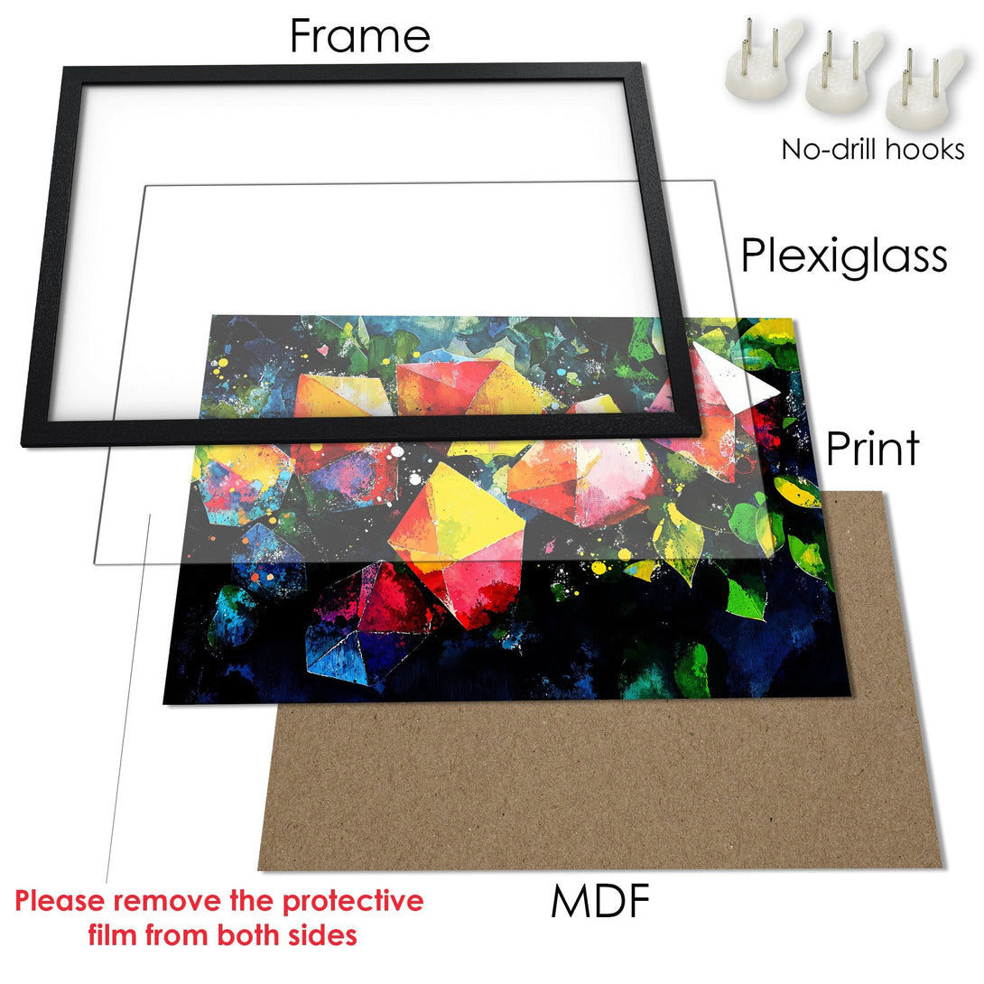 Framed Poster featuring abstract geometric art in vibrant colors. A modern, colorful addition to any space.