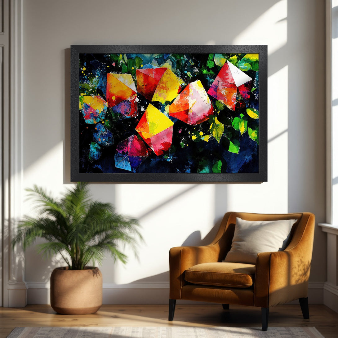 Framed Poster featuring abstract geometric art in vibrant red, yellow, and blue watercolor style. A colorful statement piece!