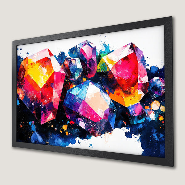 Framed Poster featuring vibrant watercolor crystals. Modern art with a colorful palette of red, blue, yellow, and pink. Perfect wall decor.