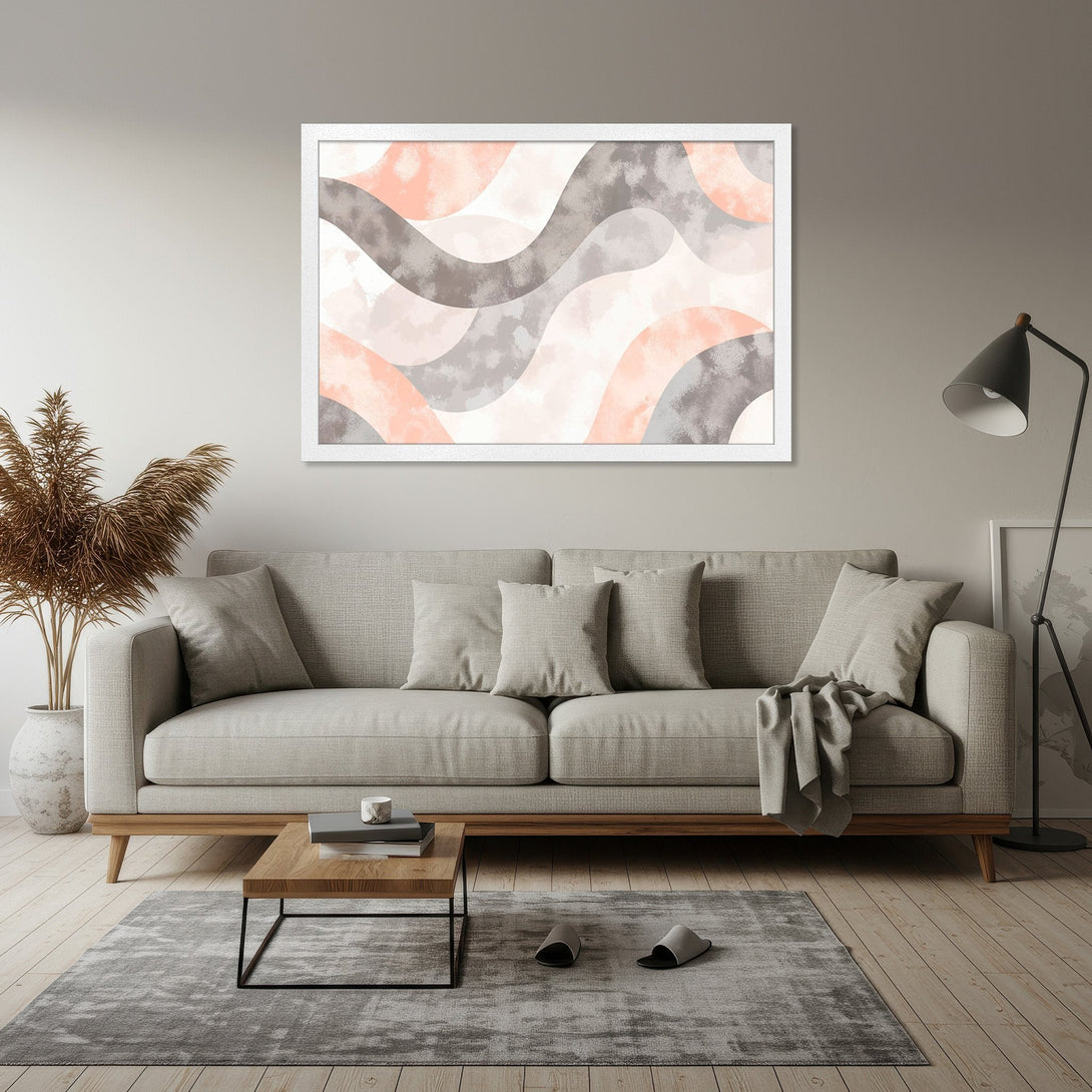 Framed Poster featuring abstract wave design in soft coral, gray, and white. Modern art for home decor.