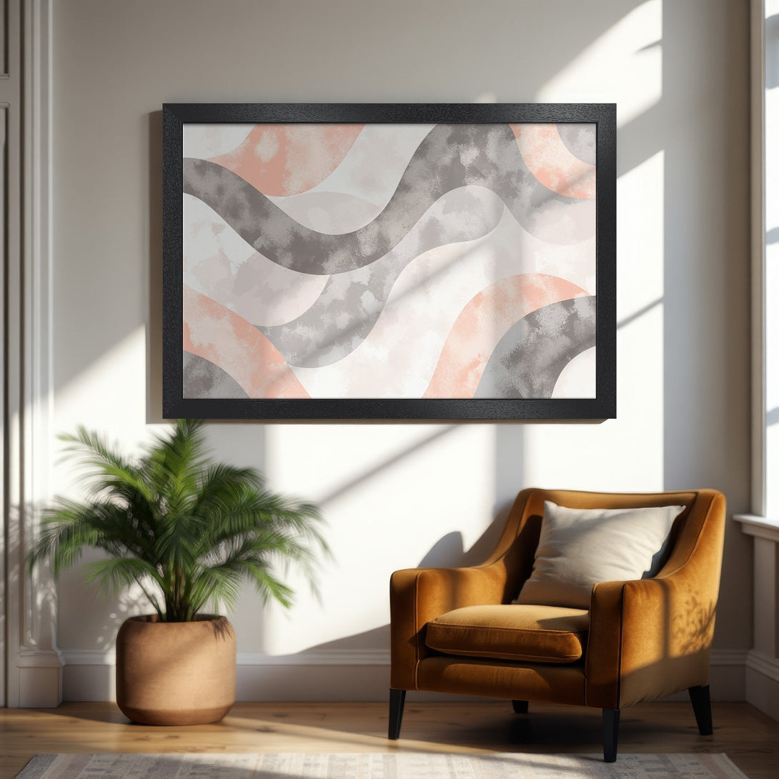 Framed Poster featuring abstract waves in blush, gray, and neutral tones. Modern art print perfect for any space.