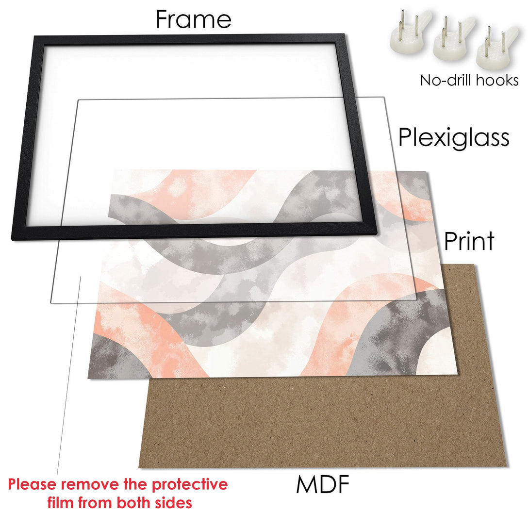 Framed Poster with abstract wave design in peach, gray, and white. Modern art print for your home decor.