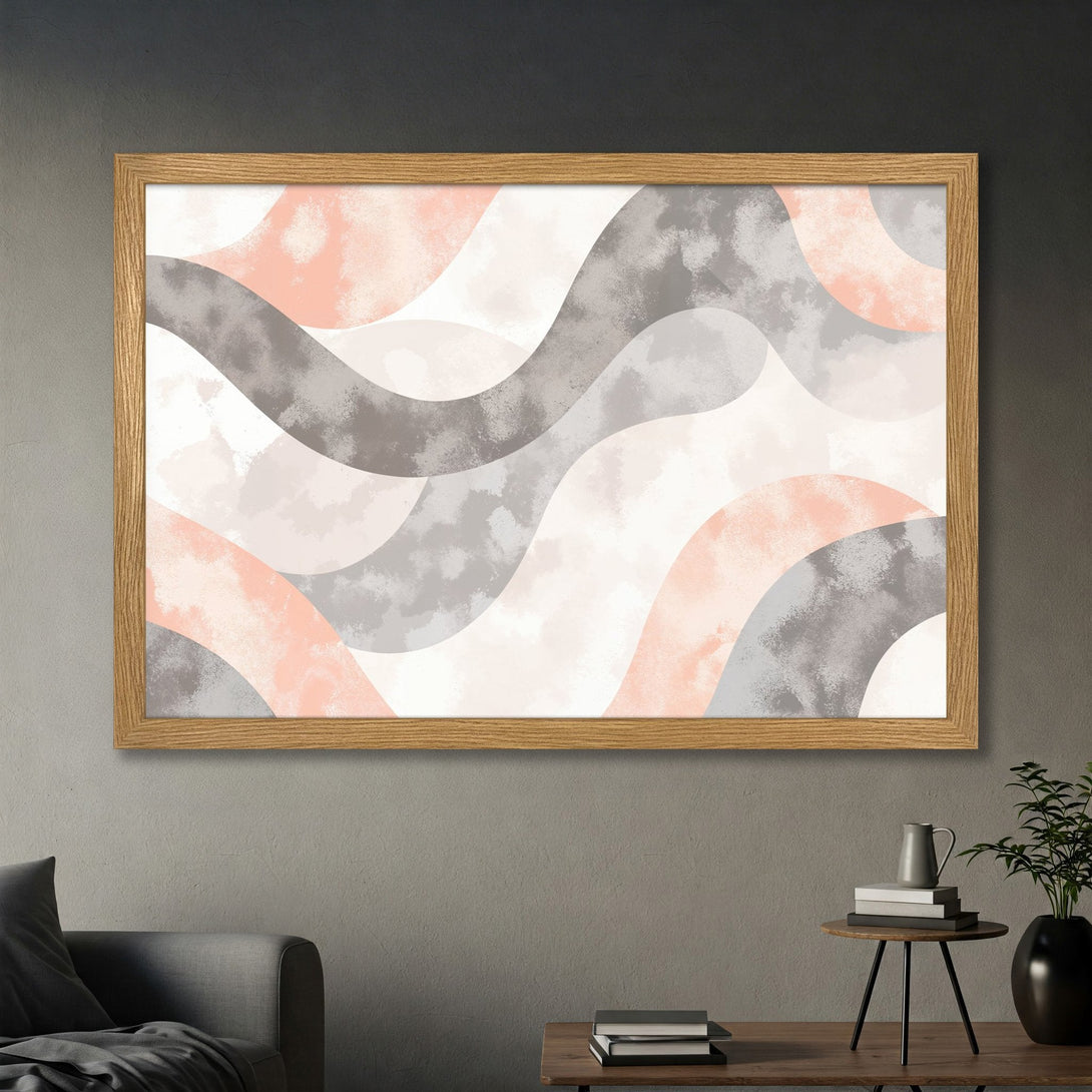 Framed Poster featuring abstract wave design in blush, gray, and white. Modern art print for home decor, adds a touch of elegance.