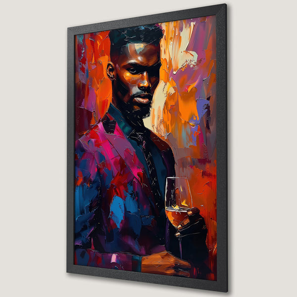 Framed Poster of a stylish Black man with a glass of wine, vibrant abstract art in warm reds, oranges, and blues.