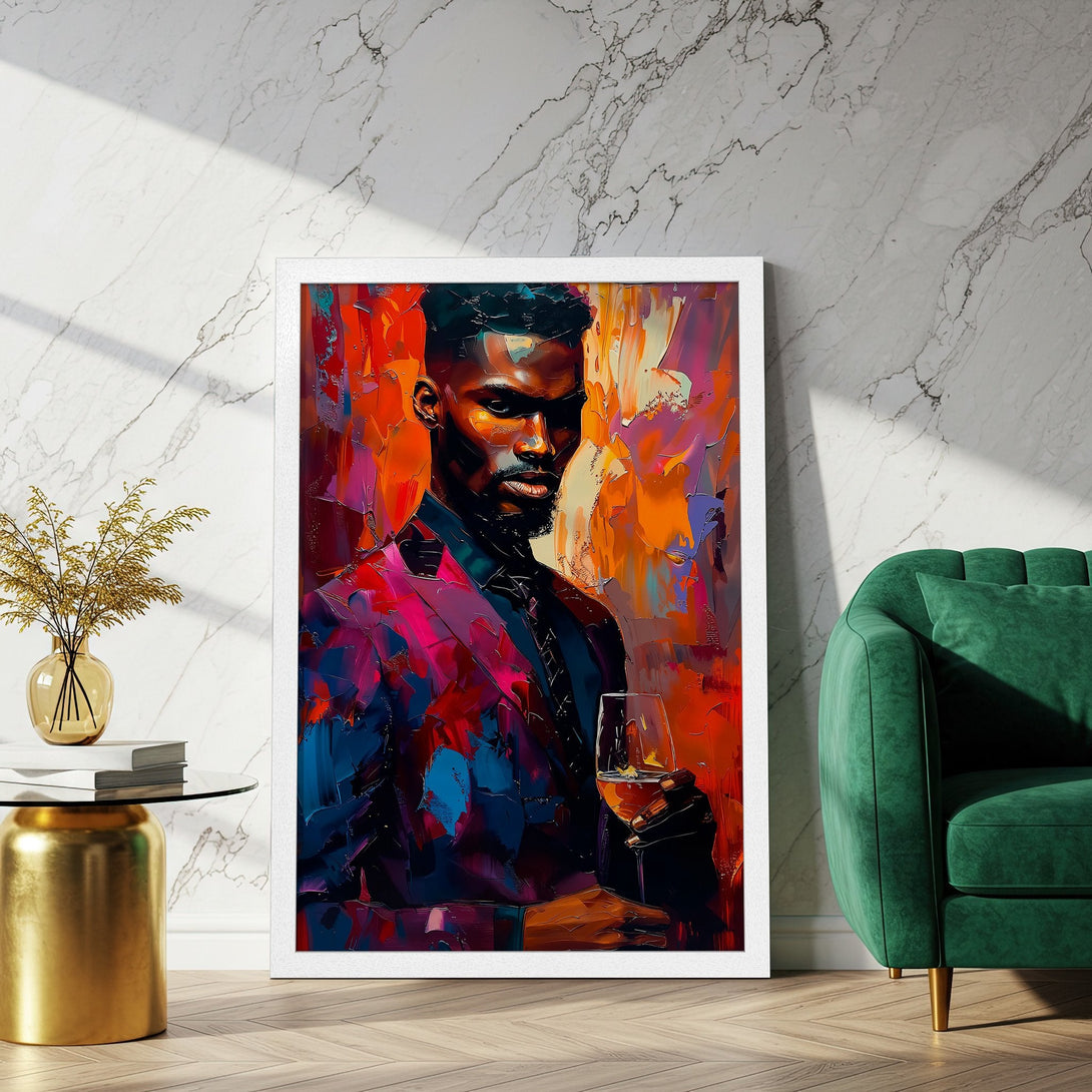 Framed Poster of a stylish man with a wine glass in an expressive, colorful, abstract art style. Rich reds, blues, and oranges.