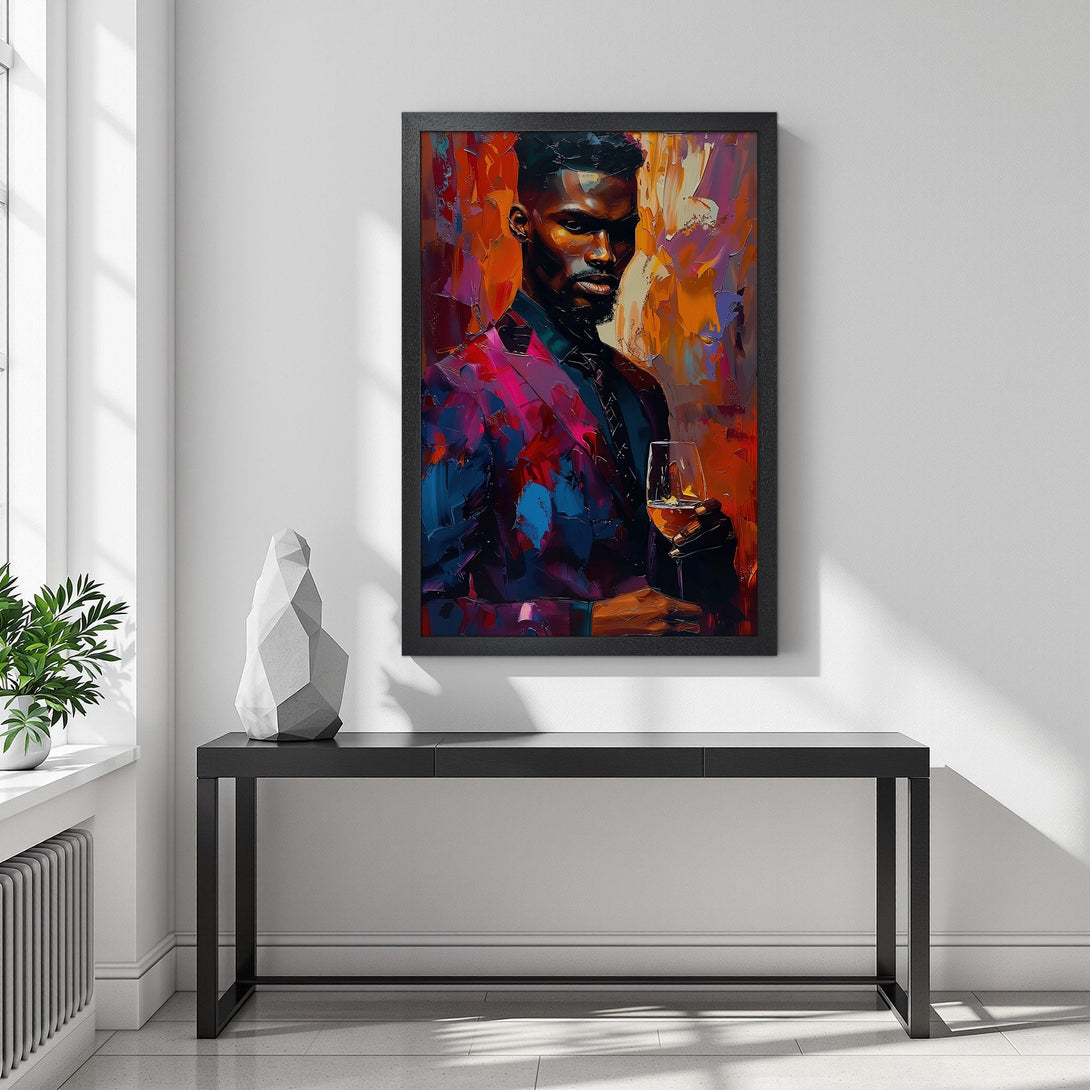 Framed Poster of a stylish man with a glass of wine. Abstract art style with a vibrant palette of red, orange, and blue. Elevate your space!