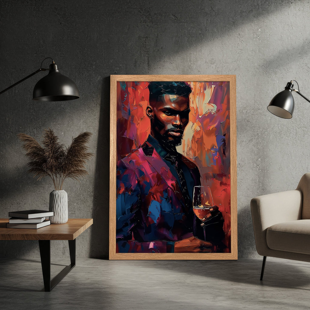 Framed Poster of a stylish Black man, abstract art style, with a red and blue color palette. Add art to your home!