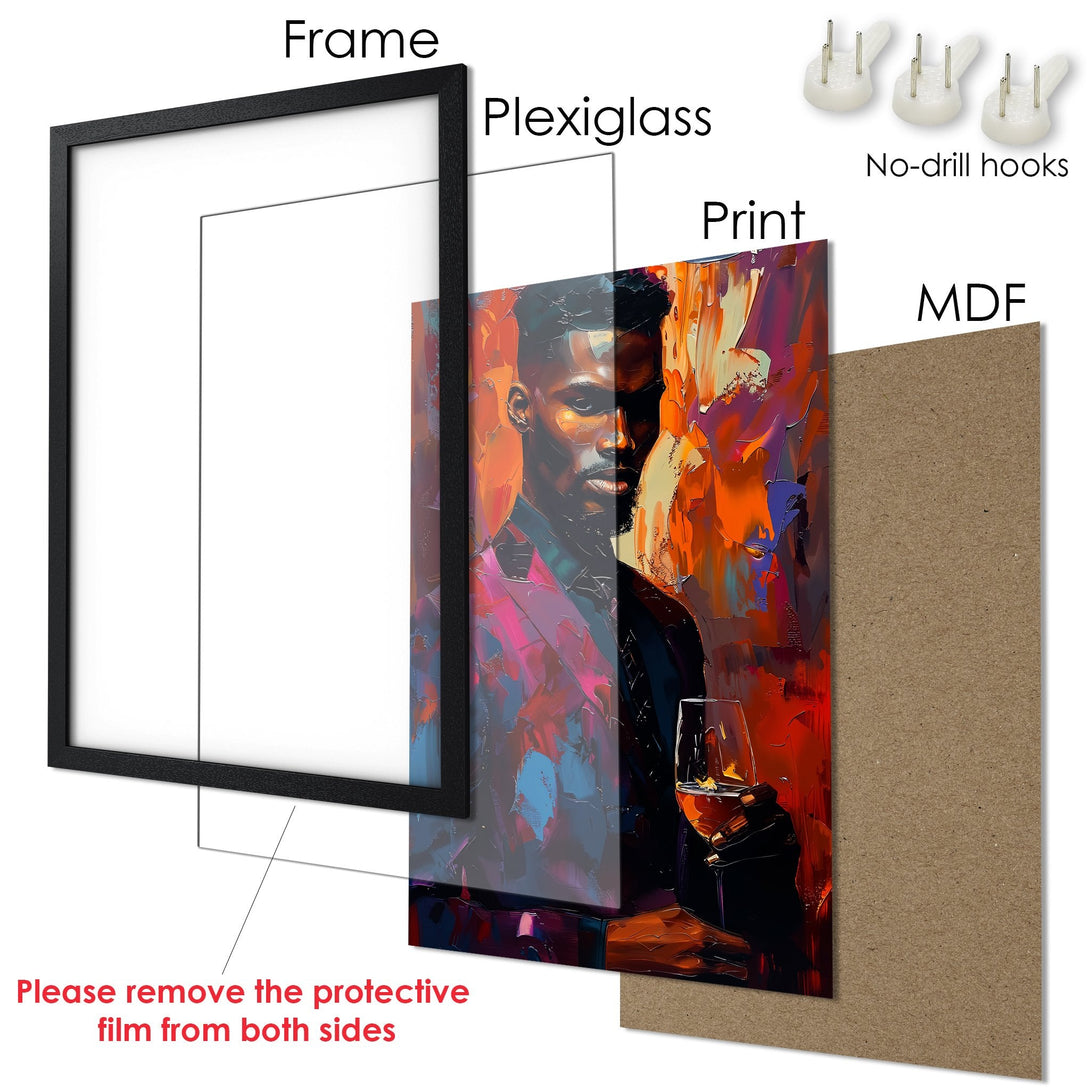 Framed Poster featuring a stylish man with a glass of wine, abstract art style, vibrant orange and purple color palette.