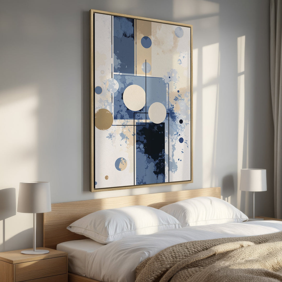 Framed Wall Art: Modern abstract Canvas Print in blue and beige tones. Perfect bedroom decor. Geometric design adds a stylish touch to any space.