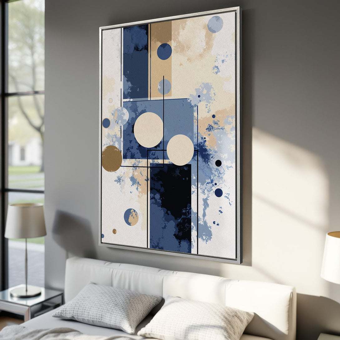 Framed Wall Art: Abstract geometric design in blue, beige, and gold. Modern canvas print perfect for bedroom decor. Add a touch of art to your space!