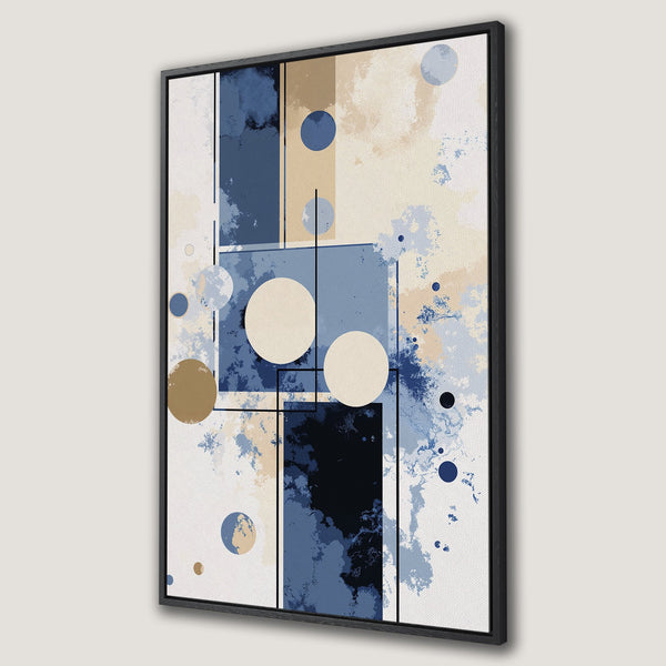 Framed Wall Art featuring an abstract geometric design in blue, beige, and black. Modern art canvas print perfect for any interior.