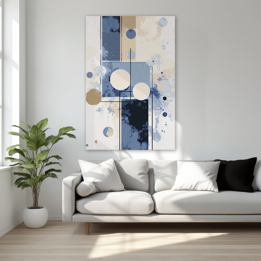 Framed Wall Art featuring abstract geometric art in blue, beige, and gold tones. Modern canvas print adds elegance to any interior.