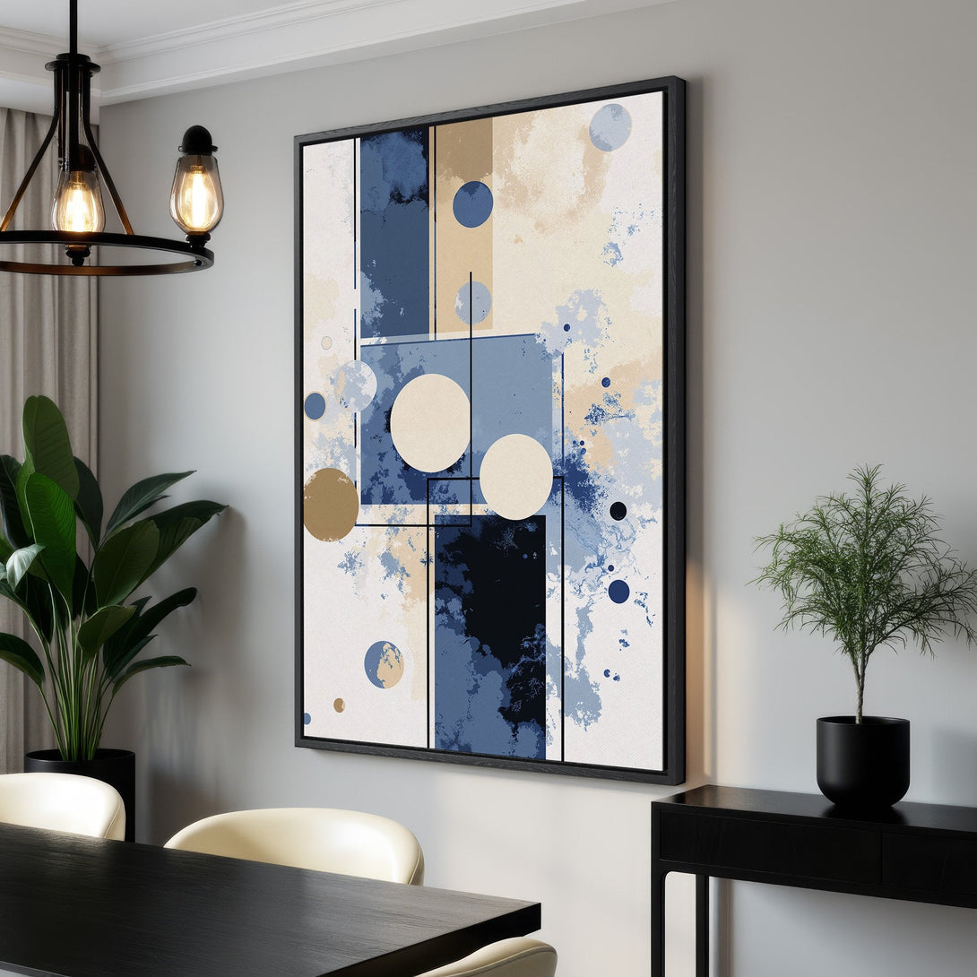 Framed Wall Art: Abstract geometric Canvas Print in blue, beige, and white. Modern art for any interior. Shop now!