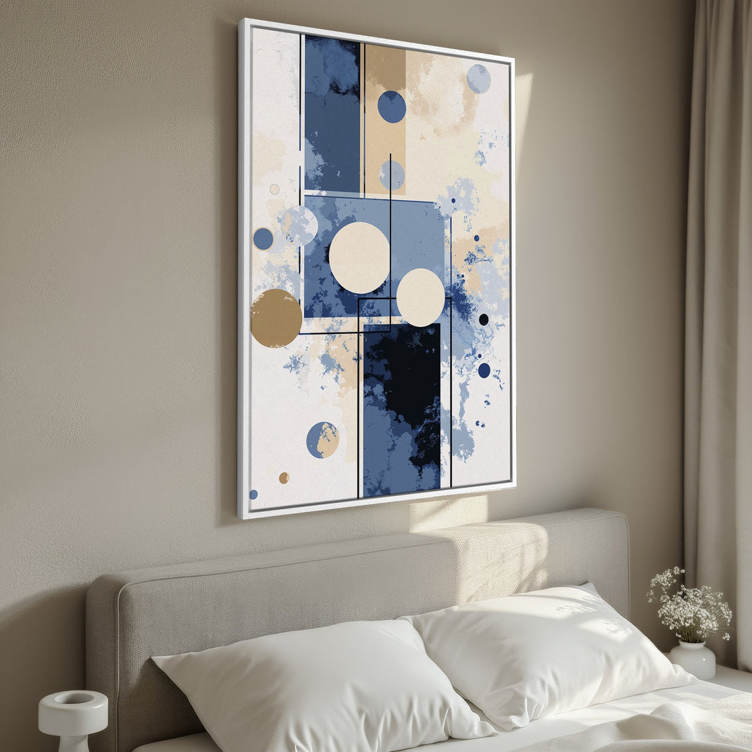 Framed Wall Art: Abstract geometric canvas print in blue, beige, and neutral tones. Modern art for bedroom decor, adding a touch of elegance.