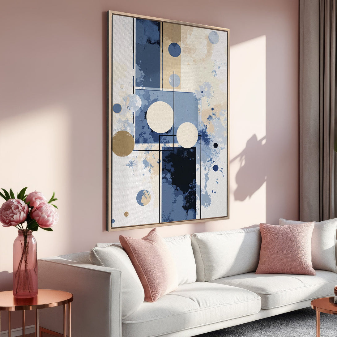 Framed Wall Art: Abstract geometric design in blue, beige, and gold. Modern decor in a stylish interior with pink and white accents. Shop now for wall art!