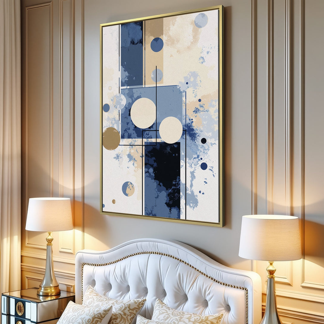 Abstract Canvas Print in blue, beige, and neutral tones. Modern art for living room decor.