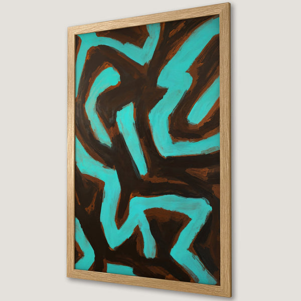 Framed Poster featuring abstract art in teal and brown hues. Modern, stylish wall decor. Perfect for home or office.