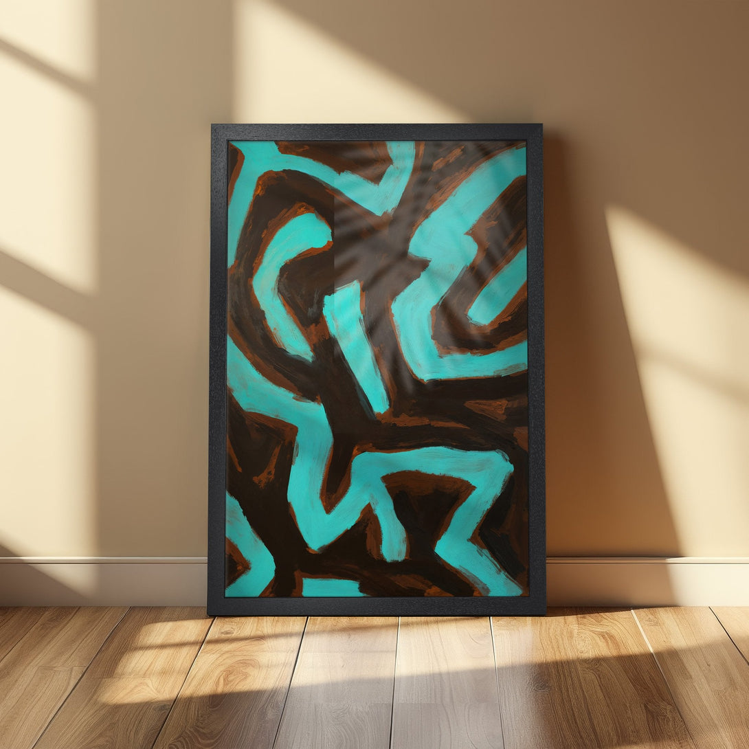 Framed Poster featuring abstract art with turquoise and brown brushstrokes. Modern wall decor, perfect for adding a pop of color to any space.