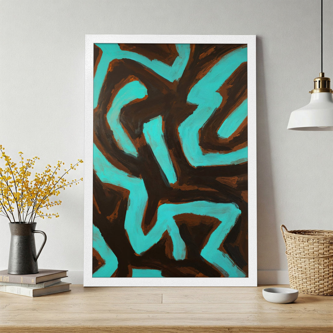 Framed Poster featuring abstract art with turquoise and brown brushstrokes. Modern art print for home decor.