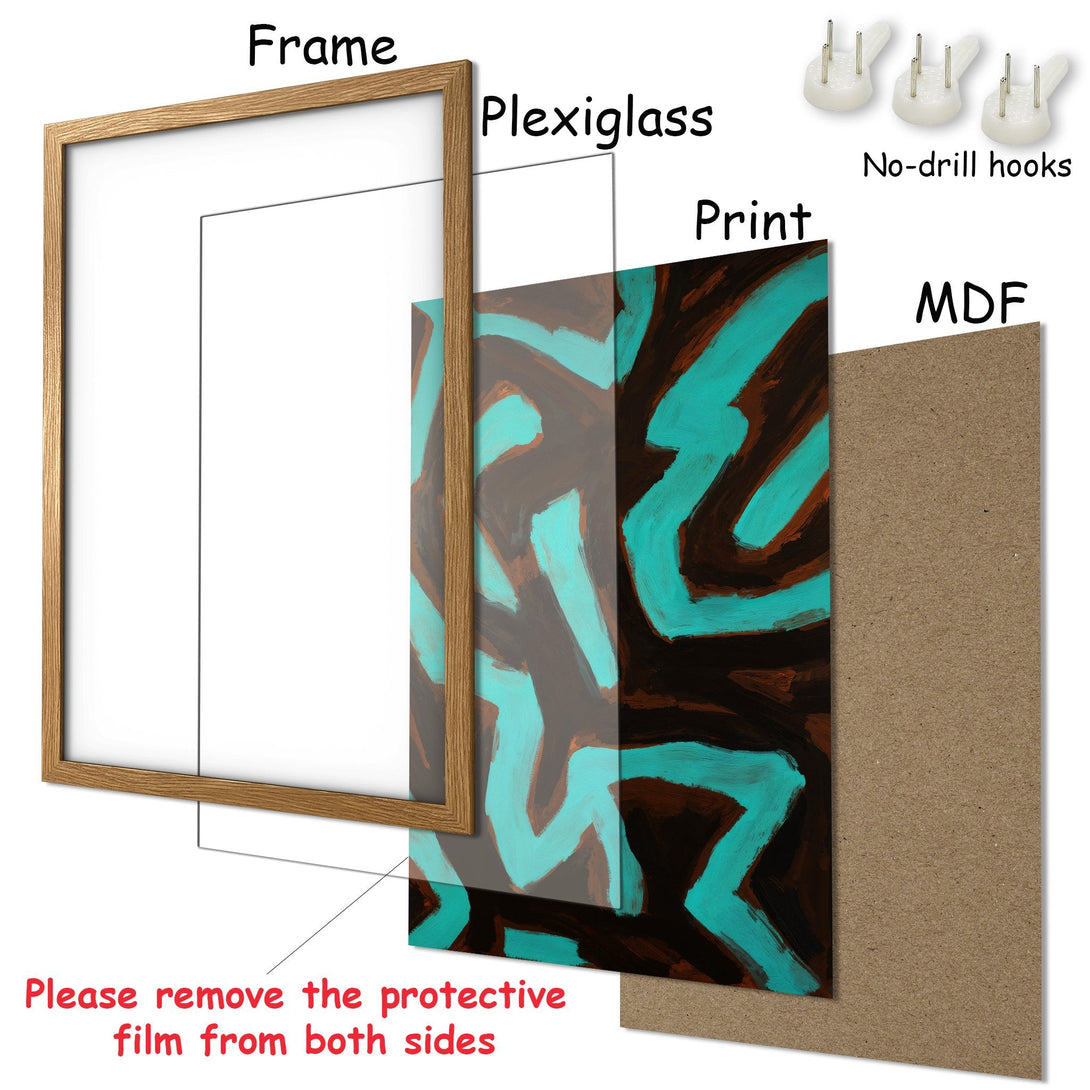 Framed Poster with abstract art in teal, brown, and gray. Modern art print for your home decor.