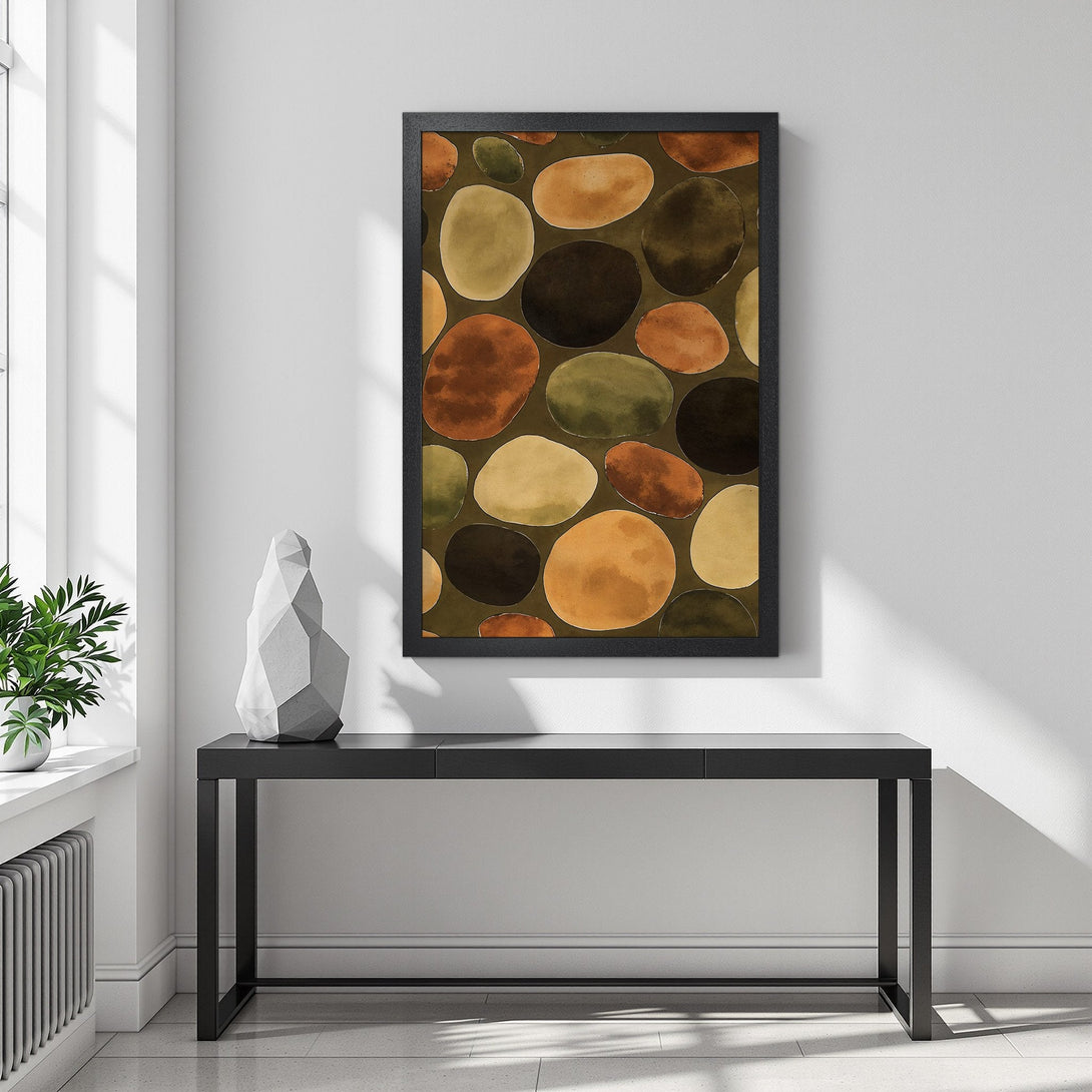 Framed Poster featuring abstract pebble art in warm earth tones. Perfect wall decor for modern homes.