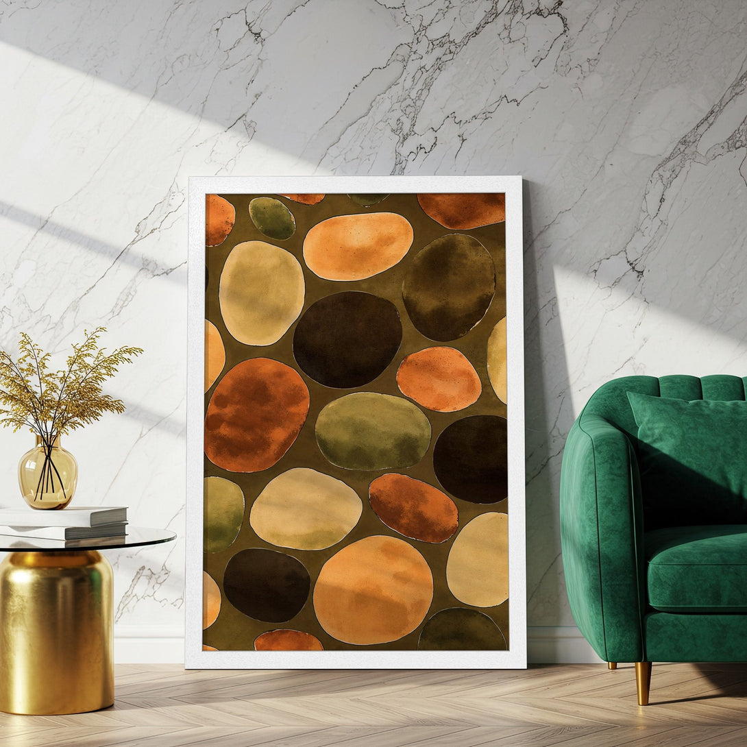 Framed Poster featuring abstract pebble art in warm earth tones. Modern decor for any space.