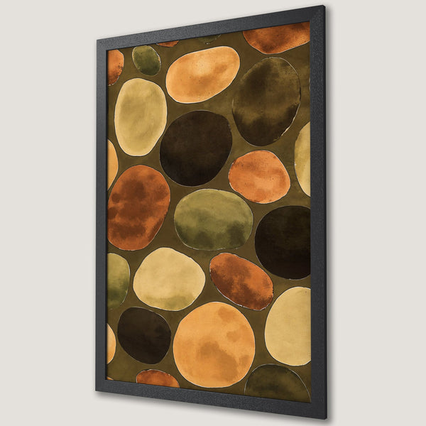 Framed Poster featuring abstract pebble art in earthy tones of brown, orange, and green. Modern wall decor for any space.
