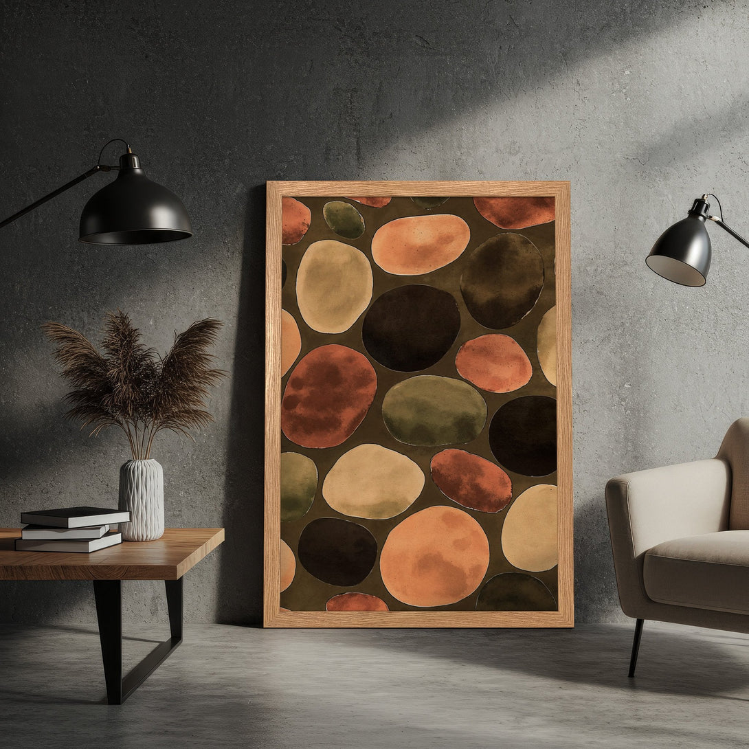 Framed Poster featuring abstract pebble art in warm earth tones. Modern wall art for home decor.
