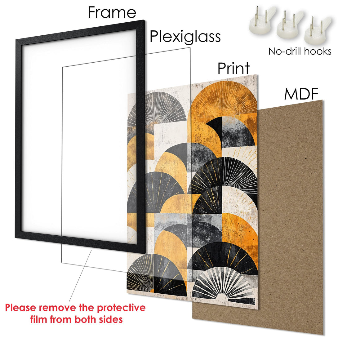 Framed Poster featuring an abstract geometric design in a black, gold, and gray color palette. Perfect wall art!