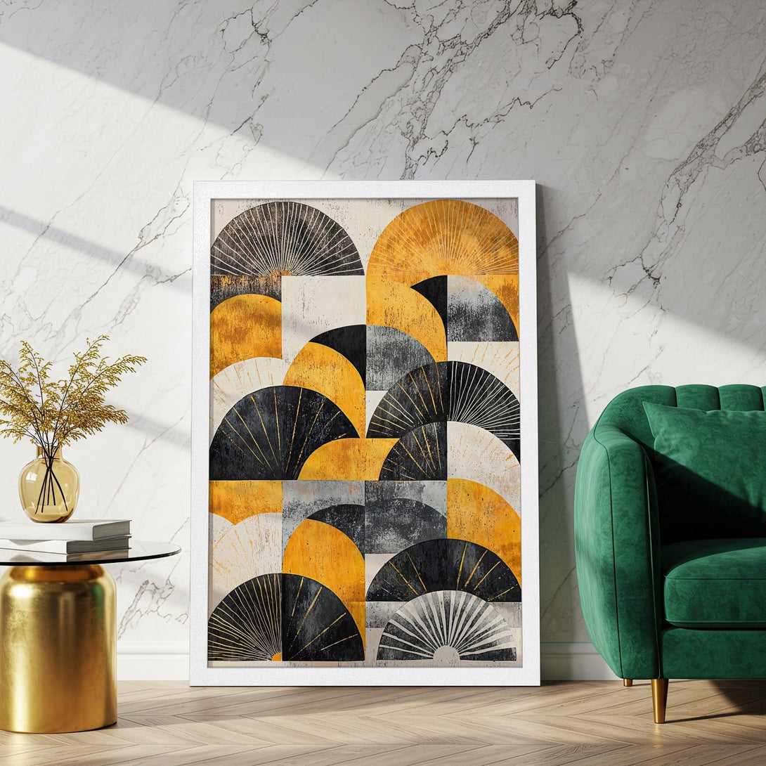 Framed Poster featuring abstract geometric art in a modern style. Color palette: yellow, black, grey, and white. Perfect wall decor.