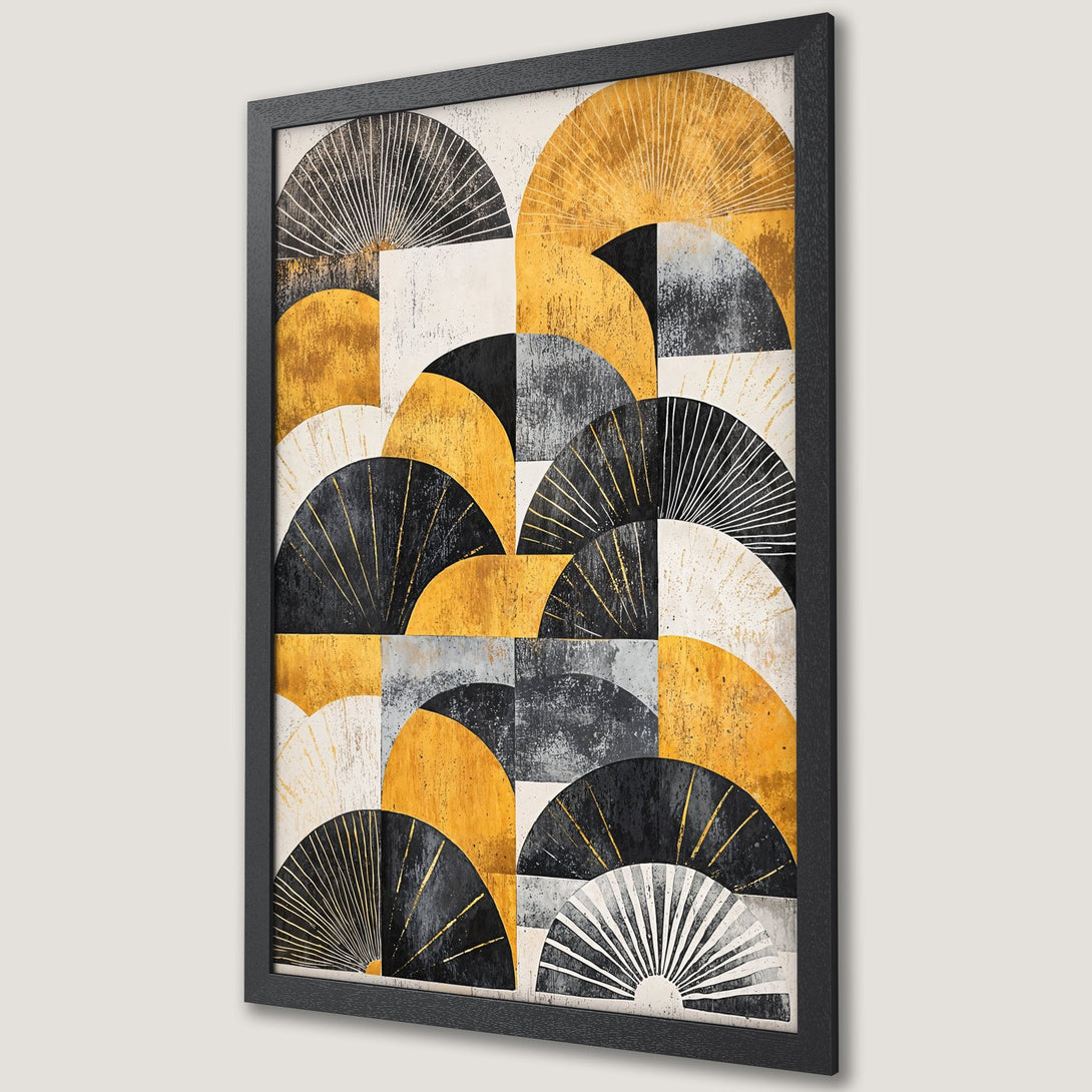 Framed Poster featuring an abstract geometric design in gold, black, and white, perfect for modern wall art.